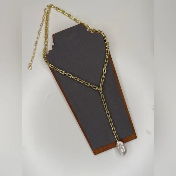 Vanessa Mooney Gold Bar Link Chain Baroque Pearl Lariat Necklace Statement - Picture 5 of 8